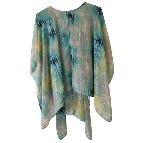 One World 2X Turquoise Blue with Flowing Chiffon Asymmetrical Open Back Top Lay - Picture 2 of 7